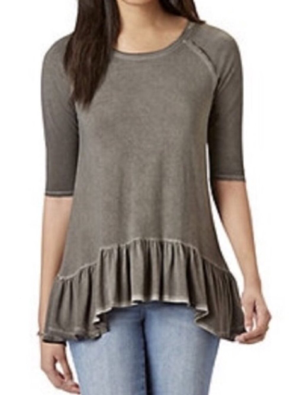 Anthropologie Dantelle Ruffle Hem Knit Raglan Elbow Sleeve Top- Medium
